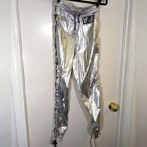 LF Silver Windbreaker Pants With Adjustable Bunge Cord Lacing On Legs & Waist